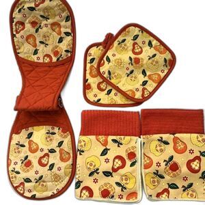 New Smart Home Apples Pears 7 Pc Kitchen Towel Oven Mitt Set